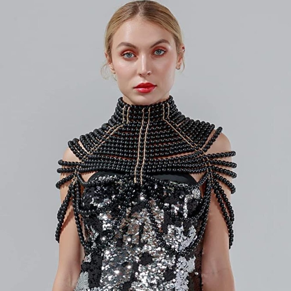 𝅺BLACK Pearl Body Chain Sexy Bra Necklace Harness Jewelry